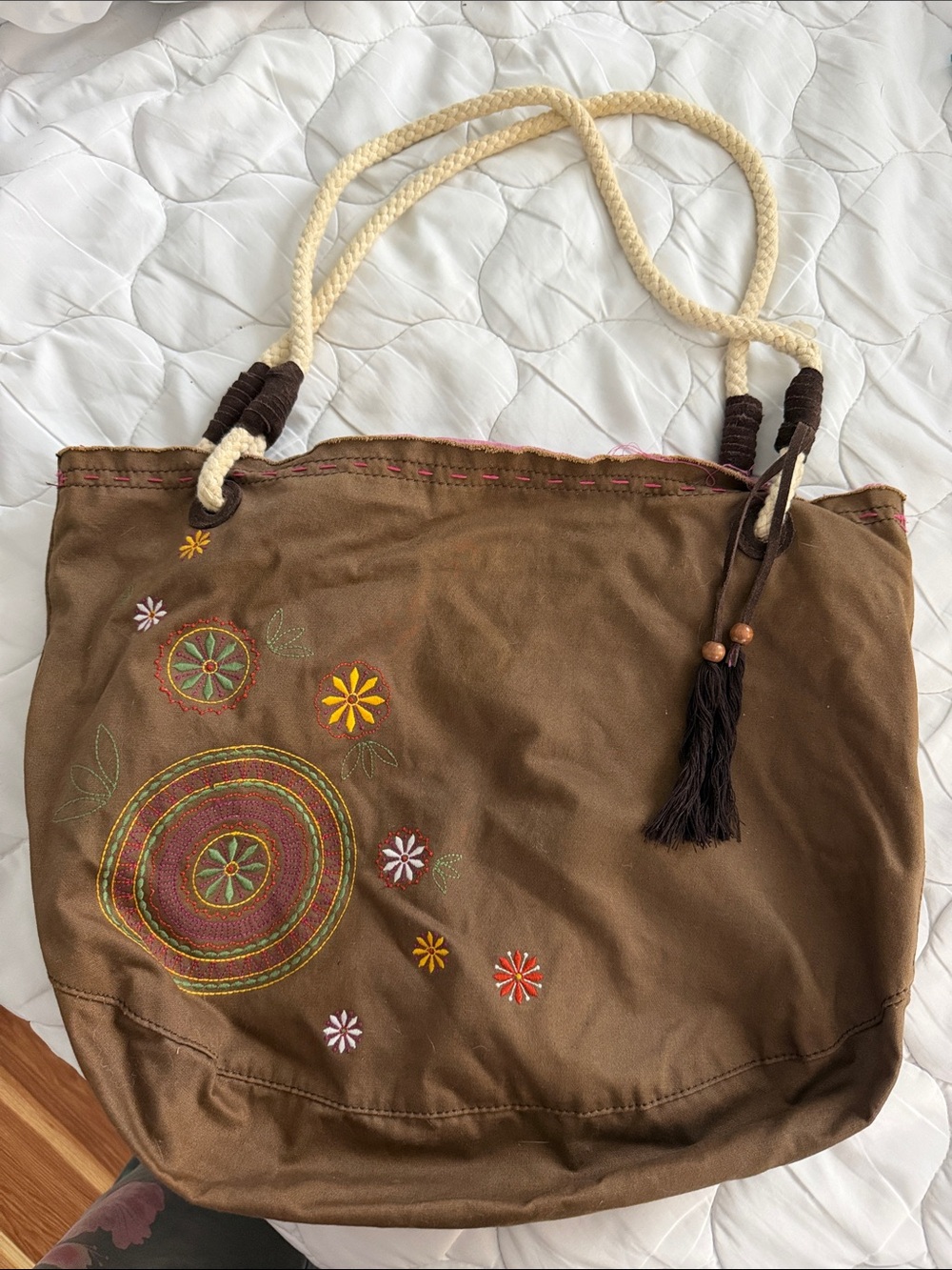 Tommy Hilfiger Brown Canvas Tote with Embroidered Floral Accents